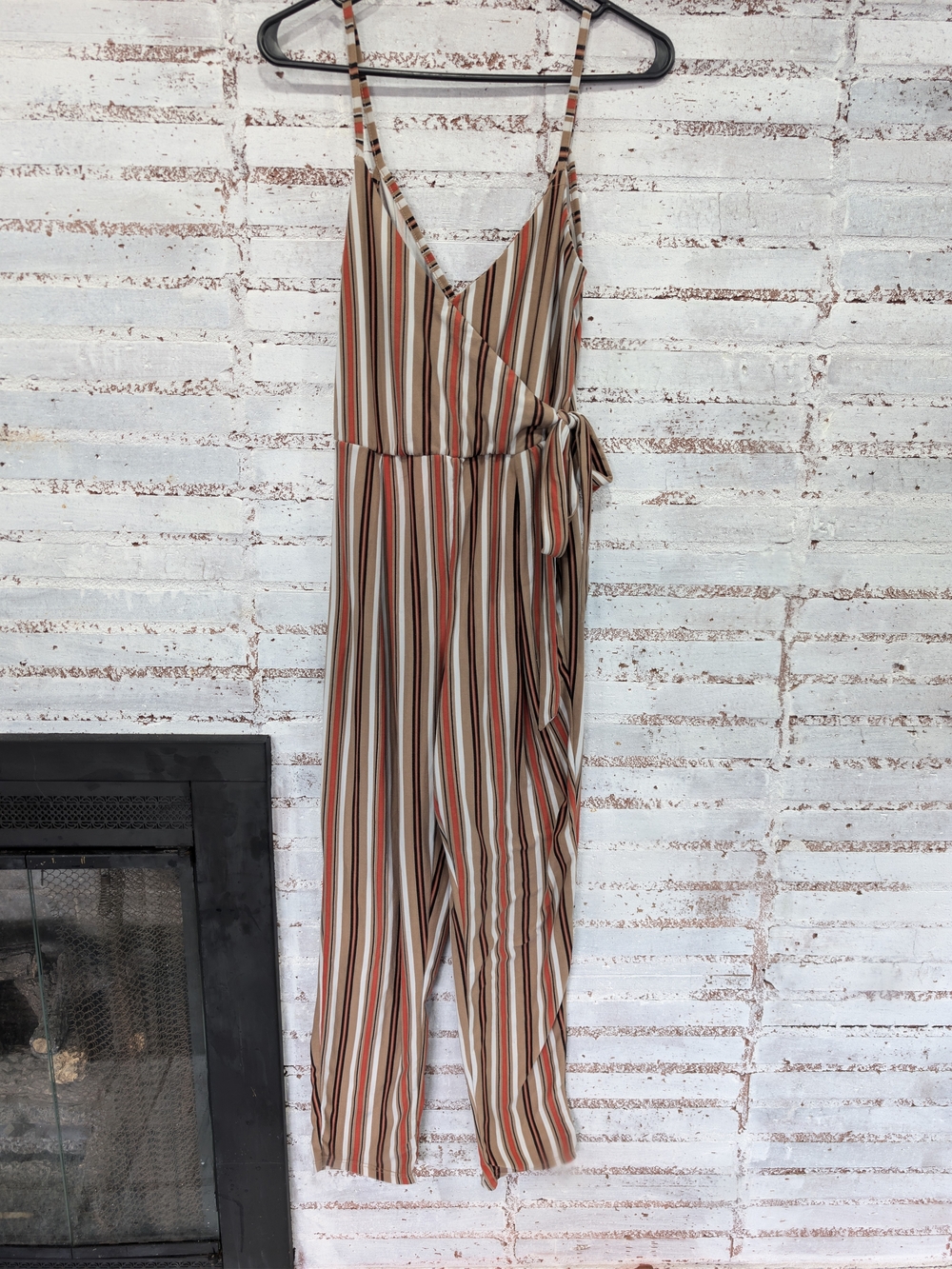No Boundaries Striped Wrap Jumpsuit in Brown, Cream & Rust